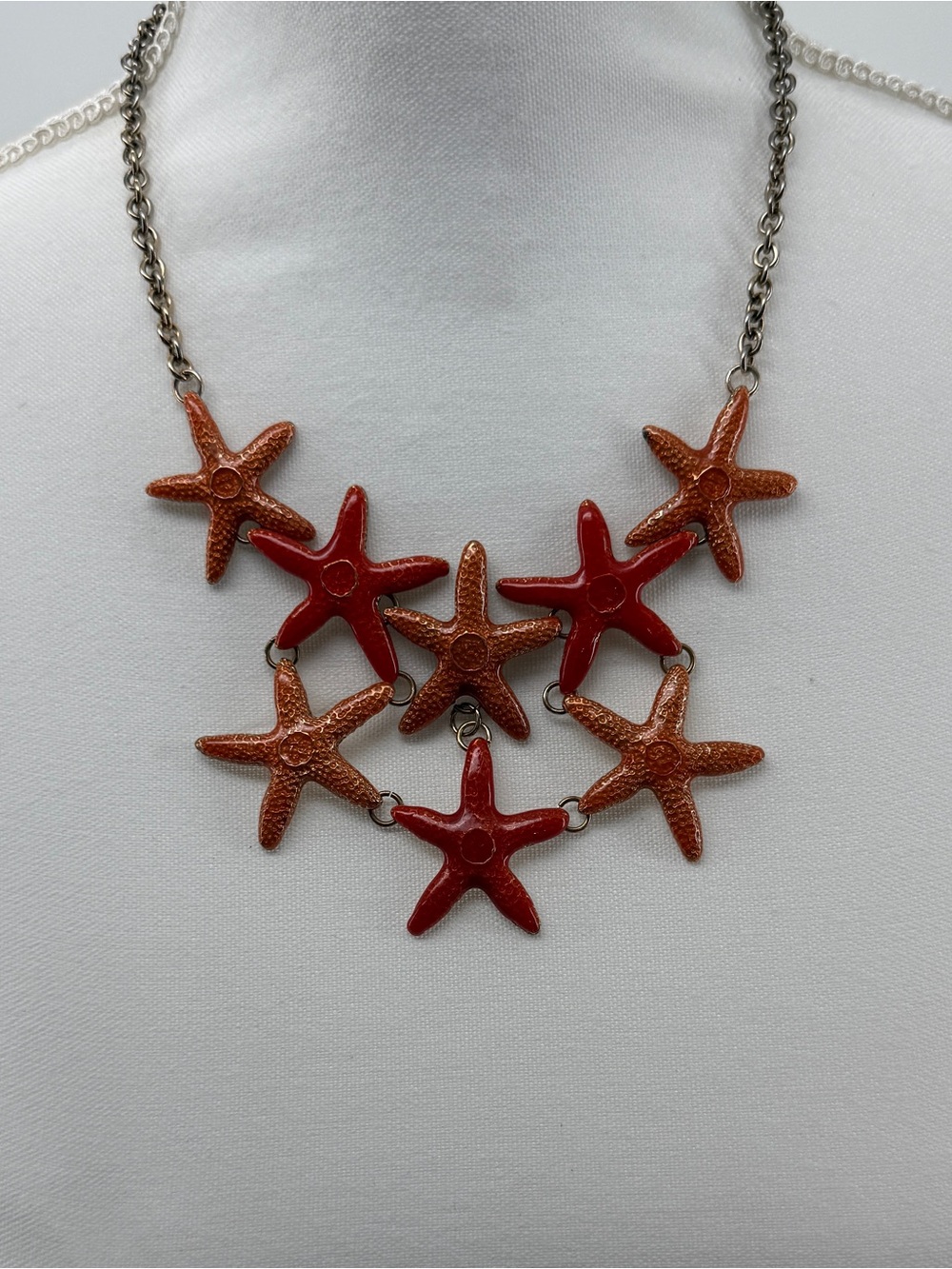 Vintage Beach Nautical Rustic Red Orange Starfish Tiered Bib Statement Necklace
